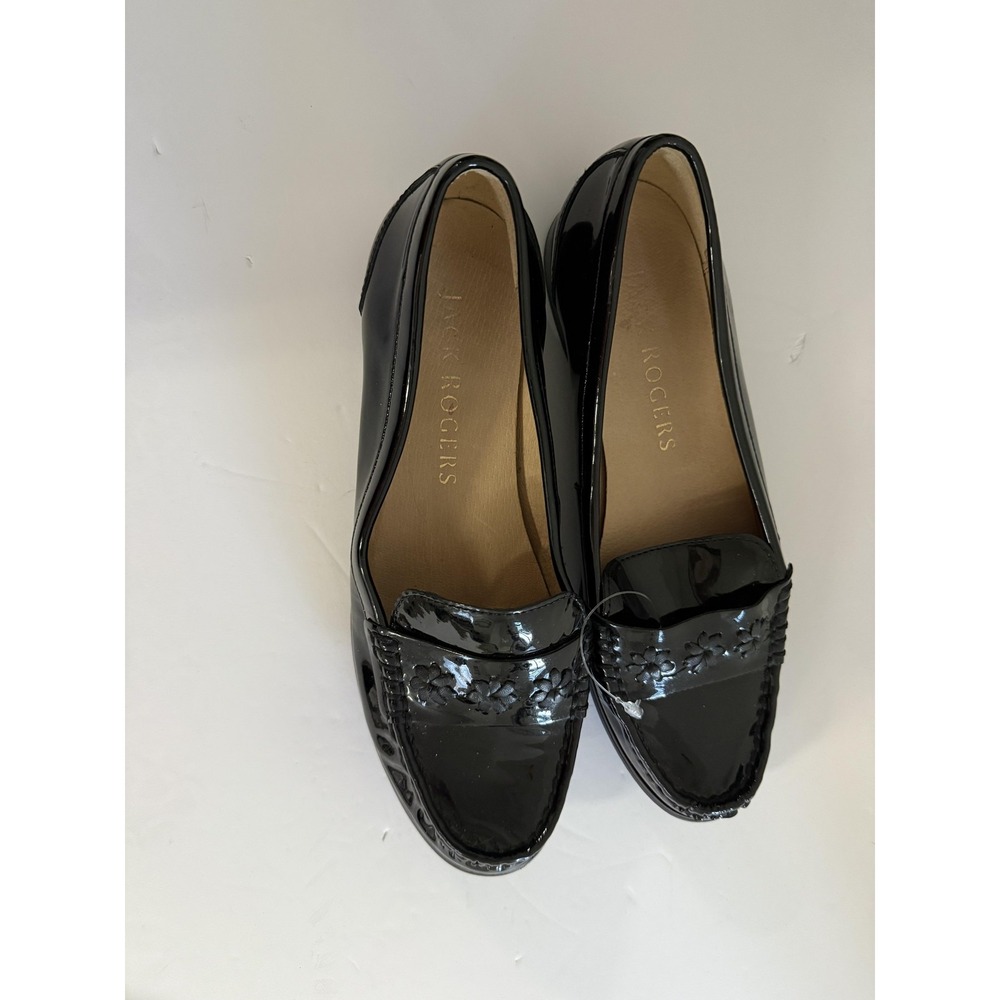 Jack Rogers Shoes Womens Size 7B Black Patent Leather Loafers Floral Detail New